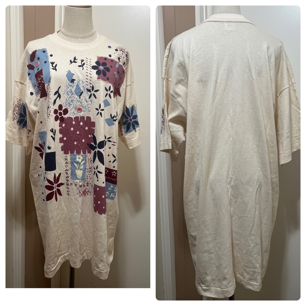 Vintage Hanes Womens Shirt XXL Beige Short Sleeve Patch Work Jewel Beads USA.